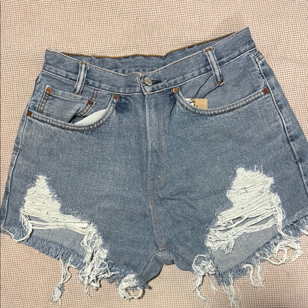 Levi's Blue Distressed Jean Shorts High-Waisted Raw Hem